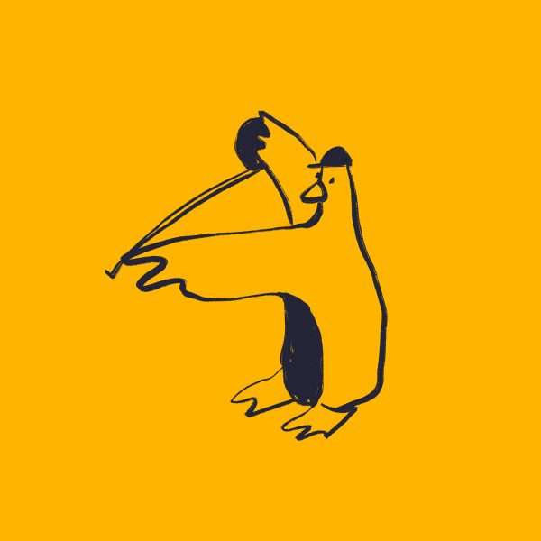 A simple, hand-drawn illustration of a penguin using a catapult, set against a solid yellow background. The penguin is outlined in black with minimal detail.