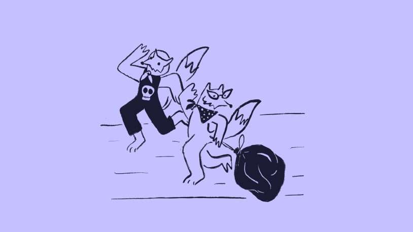 A cartoon of foxes fighting with a bag.