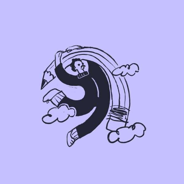A whimsical illustration of a person holding a large pencil whilst riding a rainbow through clouds, all drawn in a playful, sketchy style on a purple background.