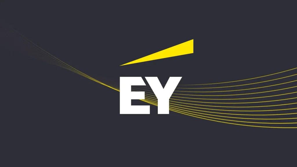 The image shows the EY (Ernst & Young) logo with large white EY letters, a small yellow triangle above, and yellow curved lines on a dark background, displayed alongside the Informa brand.