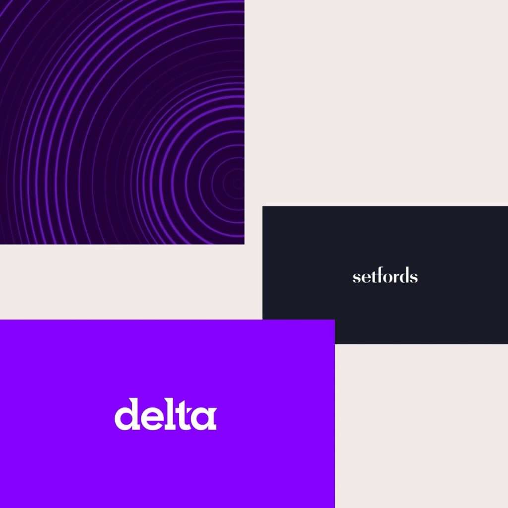 A graphic with three blocks: the top left has purple concentric circles, the centre right features a black background with Setfords in white text, whilst the bottom left is purple with delta in bold white font, highlighting an Informa-inspired design.