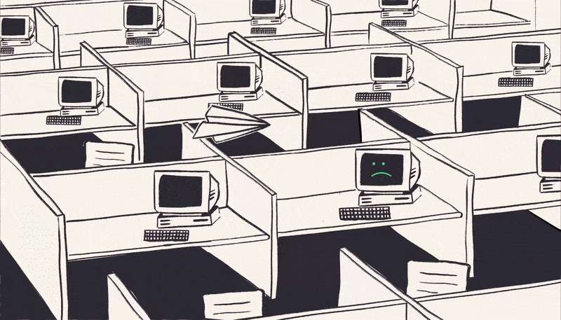 A black and white drawing of office cubicles with old computers. One monitor displays a sad face. A paper aeroplane flies above, highlighting how Culture as Brand can shape—even challenge—the monotony of everyday working life.