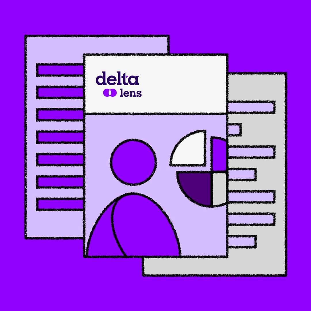 Illustration of three documents, one labelled Delta lens with abstract icons of a person and a pie chart, layered over two text-filled sheets, all set against a vibrant purple background.