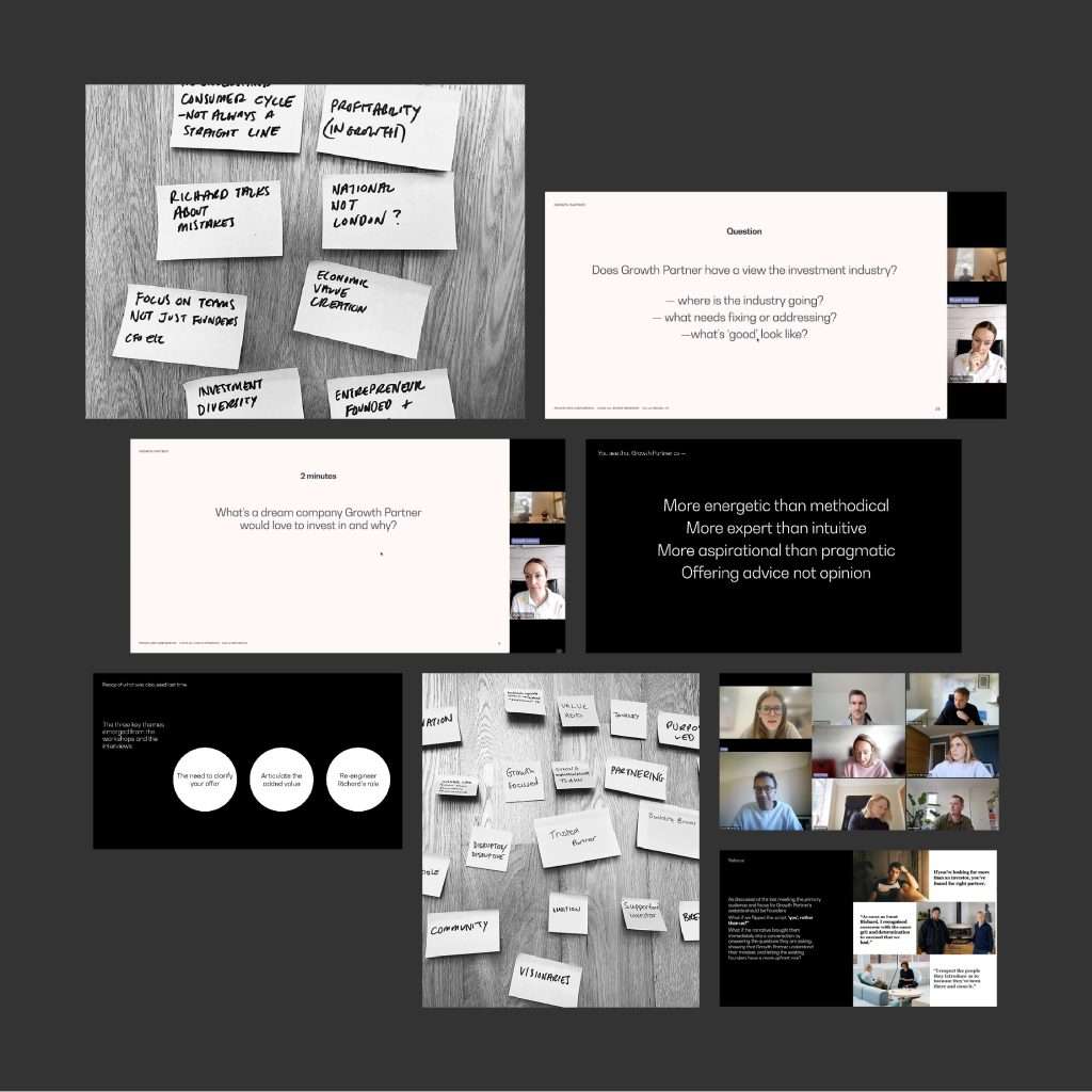 A collage showing sticky notes with business terms, presentation slides with questions and statements about investment, circular business diagrams, and screenshots of a video conference with multiple participants.