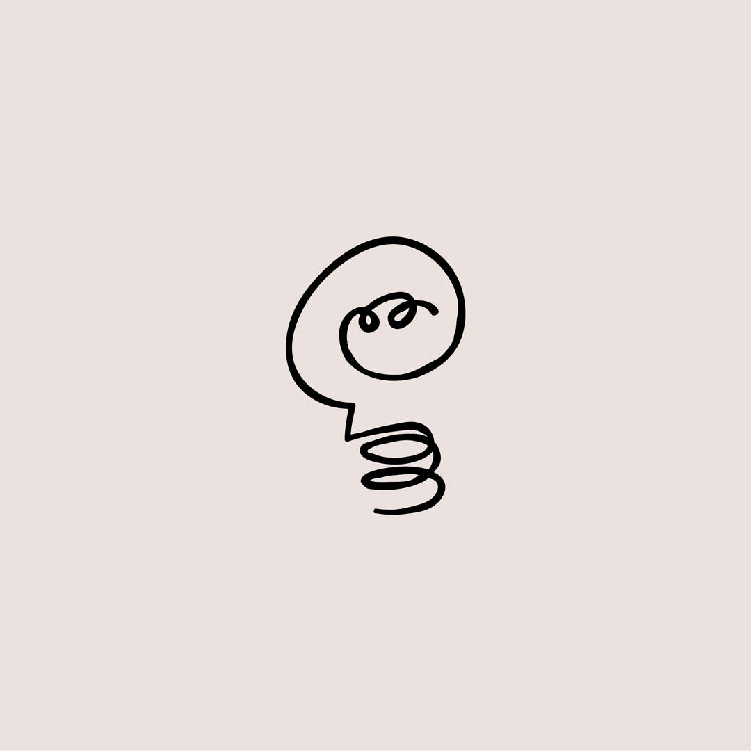 A simple black line drawing of a spiralled spring with a speech bubble on top, containing a swirling line, set against a plain light beige background.