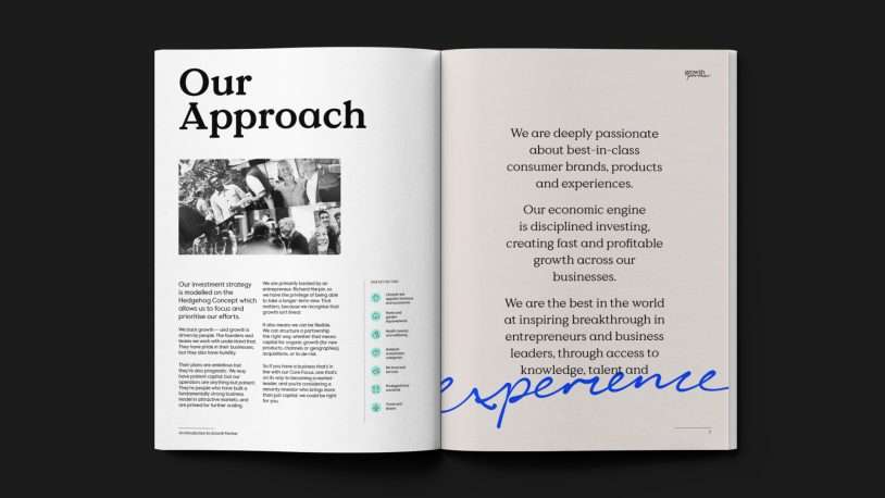 An open magazine spread titled “Our Approach”, featuring black and white photos, a text section outlining investment strategy, and a page with highlighted words discussing passion for best-in-class brands, growth, and entrepreneurial talent.