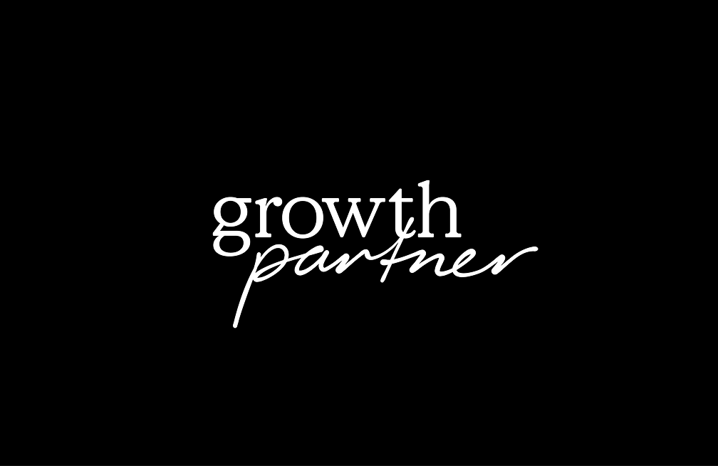 The image features the words growth partner on a black background. Growth is in a clean, white serif font, whilst partner is written in a white, cursive script below it.