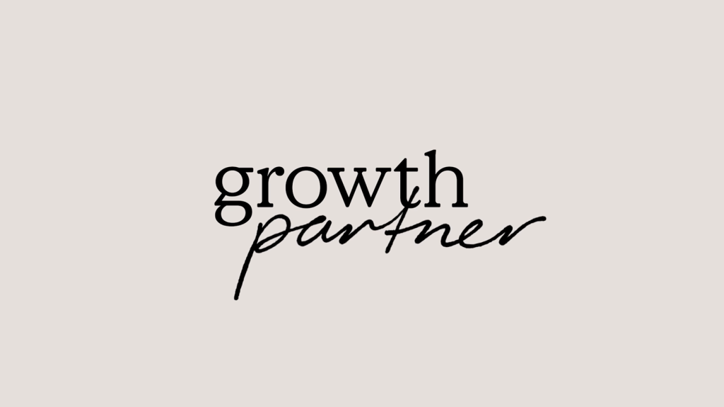 Text logo on a light beige background with the word growth in bold serif font and the word partner in a handwritten script below and overlapping it.