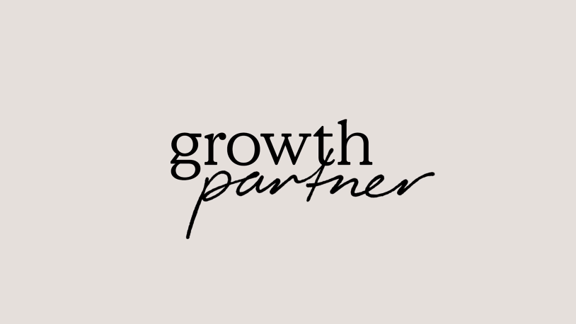 Text logo on a light beige background with the word growth in bold serif font and the word partner in a handwritten script below and overlapping it.