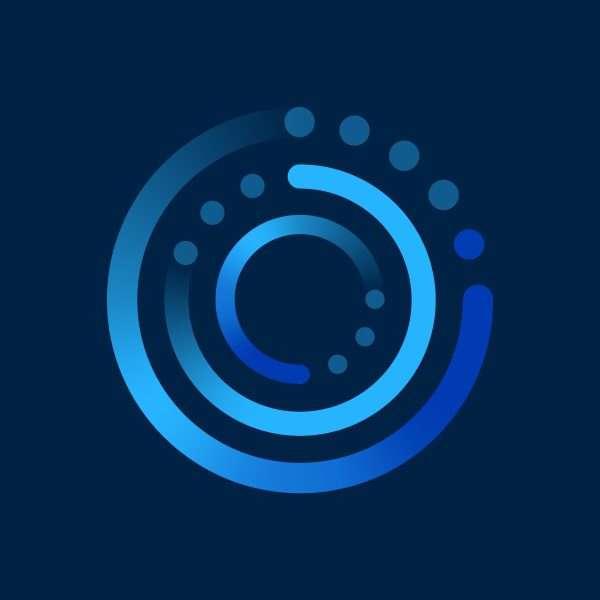 Abstract blue circular design with various rings and dots, forming a modern, dynamic pattern on a dark blue background. The shapes have gradient shades of blue, giving a sense of depth and motion.