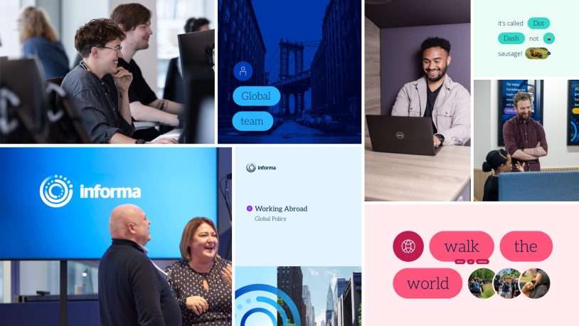 A collage showing diverse people working in office and remote settings, the Informa logo, a Working Abroad policy document, and colourful text bubbles reading Global team and walk the world.