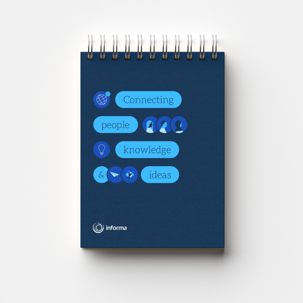 A blue spiral notebook with the words Connecting people, knowledge & ideas in blue speech bubbles, featuring small icons of a globe, people, a book, and a paper aeroplane. The Informa logo is at the bottom.