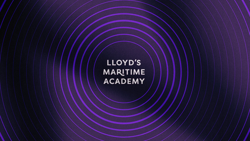 Text Lloyd’s Maritime Academy appears at the centre of concentric purple circles on a dark background.