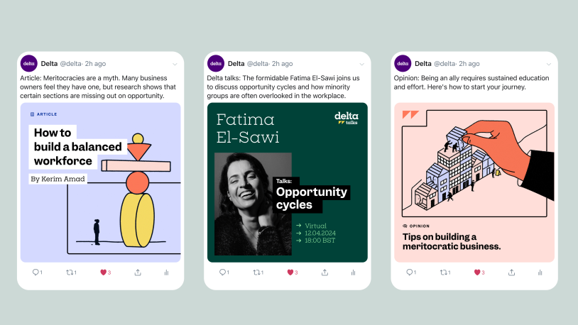 Three illustrated social media posts about workplace topics: balancing workforce, opportunity cycles with a speakers' profile, and tips for building a meritocratic business. Each card has different illustrations and text headlines.