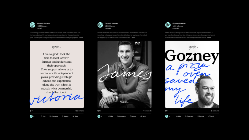 A set of three social media posts featuring testimonials for Growth Partner. The first has handwritten vittoria, the second shows a man labelled James, and the third has a bearded man with Gozney, a pizza oven saved my life written across.