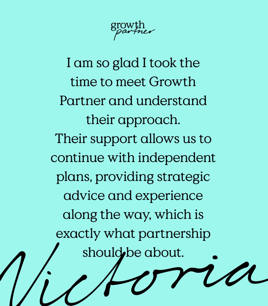 Light teal background with the Growth Partner logo at the top and a testimonial about Growth Partner’s supportive, strategic approach. The name Victoria is handwritten in large script at the bottom.