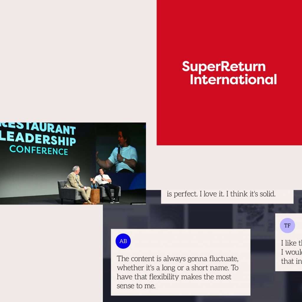 A collage featuring a conference interview, a red SuperReturn International logo, and text message bubbles discussing content flexibility and name preferences.