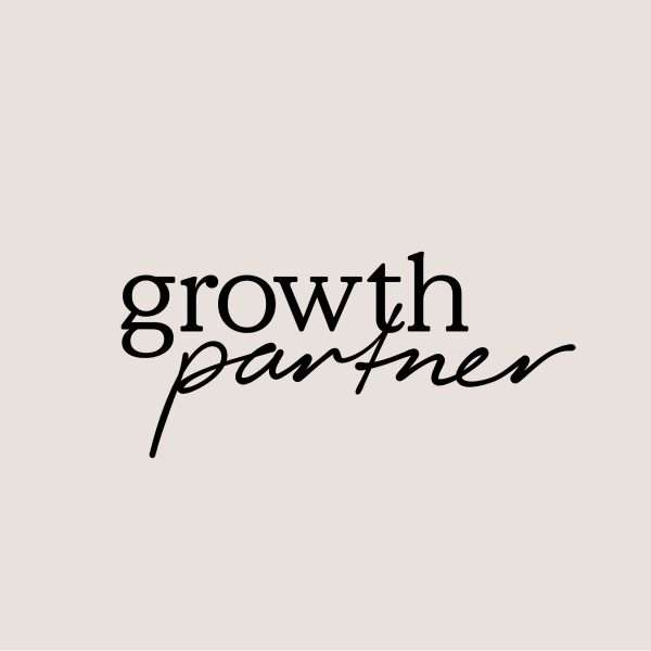 Text logo on a light beige background. The word growth is in a bold serif font, and the word partner is in a black handwritten script, slightly overlapping below growth.