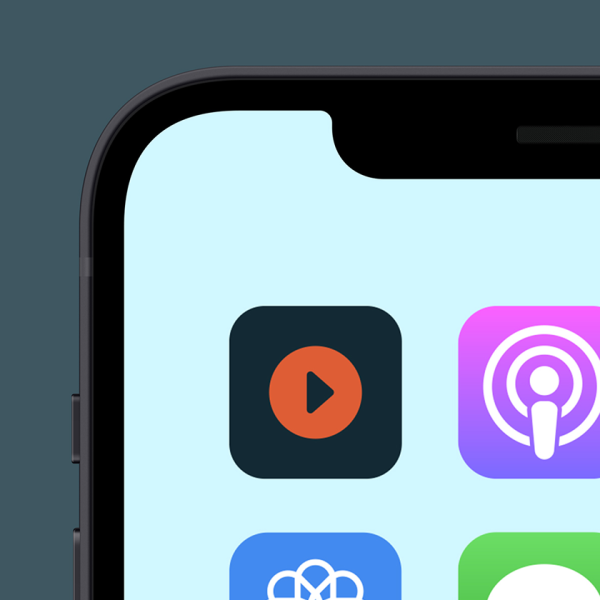 Partial view of a mobile phone screen showing three app icons on a light blue background, including a black icon with an orange play button, a purple podcast icon, and a blue icon with white lines.