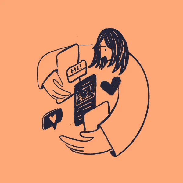 A line drawing of a person with long hair using a mobile phone, surrounded by icons of a chat bubble saying Hi!, a heart, and a telephone on a peach background, representing social media interaction.