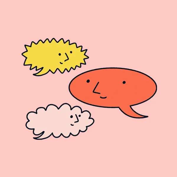 Three speech bubbles with smiling faces—one yellow, one white, and one red—appear to be chatting against a pink background.