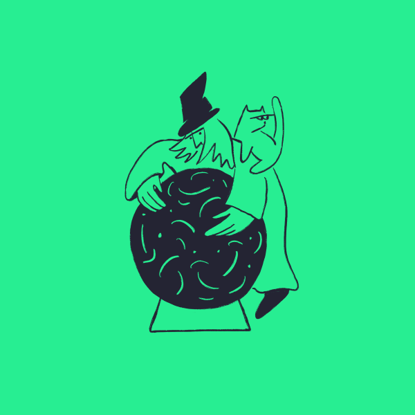 Illustration of wizrd character looking into globe