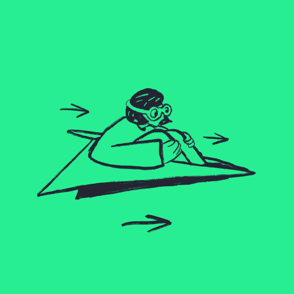 A person wearing goggles sits on a flying paper aeroplane, with arrows indicating the direction of movement. The image is drawn in black on a bright green background.