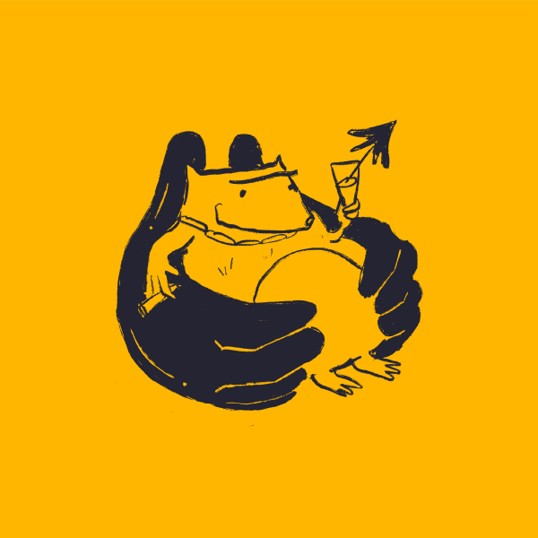 A cartoon frog wearing a crown holds a drink with an umbrella, gently cradled by two large, dark hands—an imaginative scene perfect for any B2B brand or digital agency, set against a striking solid yellow background.
