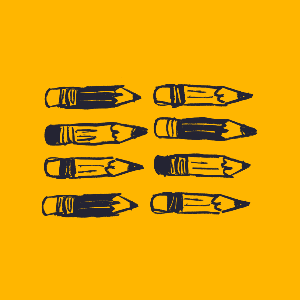 Six hand-drawn black pencils arranged in three rows of two on a solid yellow background, perfect for a B2B brand and digital agency seeking bold, creative visuals.