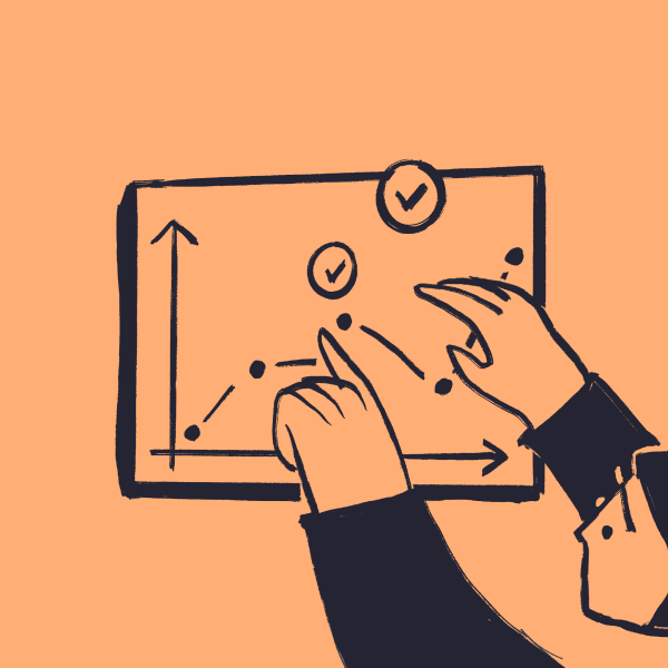 Illustration of two hands pointing to and interacting with a line graph on a board, with tick marks above two data points. The background is a solid peach colour.