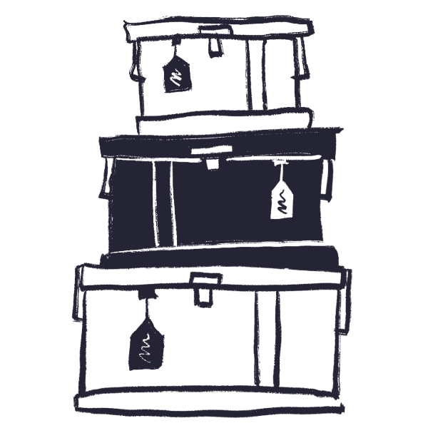 A black and white illustration of three stacked storage boxes, each with a hanging label attached to the front—perfect for organising files at a B2B brand and digital agency.