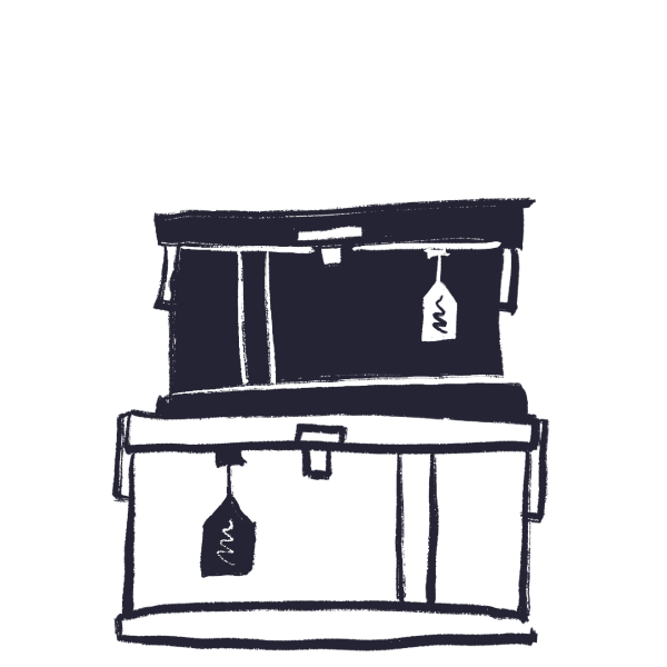 A simple black and white sketch of two open trunks or suitcases stacked on top of each other, each with a luggage tag attached to the lid—perfect for a B2B brand or digital agency seeking clean, minimal visuals.