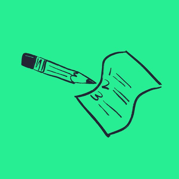 A drawing of a pencil and a piece of paper with numbers, including 2 and 3, written on it. The background is green.