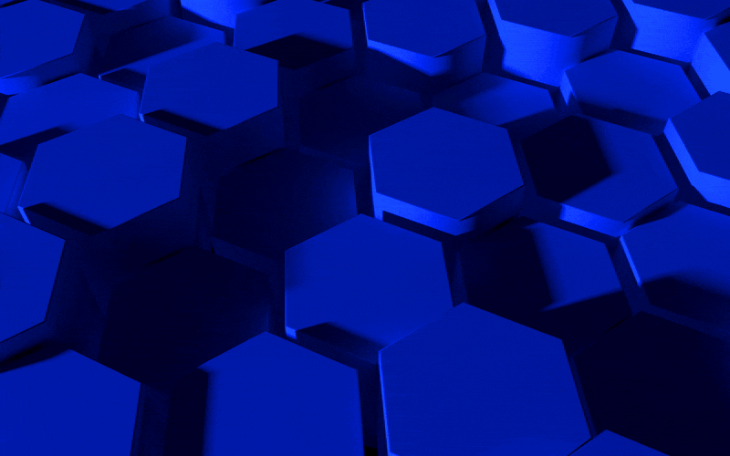 A 3D animation of blue hexagonal tiles rising and falling in a wave-like pattern, creating a dynamic geometric surface with varying heights and light reflections.