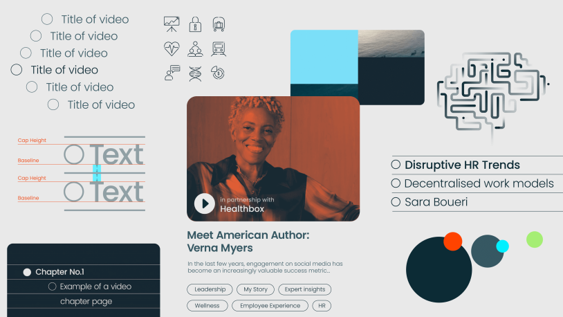 A digital collage features UI elements: video titles with tick boxes, a photo of a smiling woman labelled “Meet American Author: Verna Myers,” icons, circles, buttons, and lists about HR trends and chapter examples.