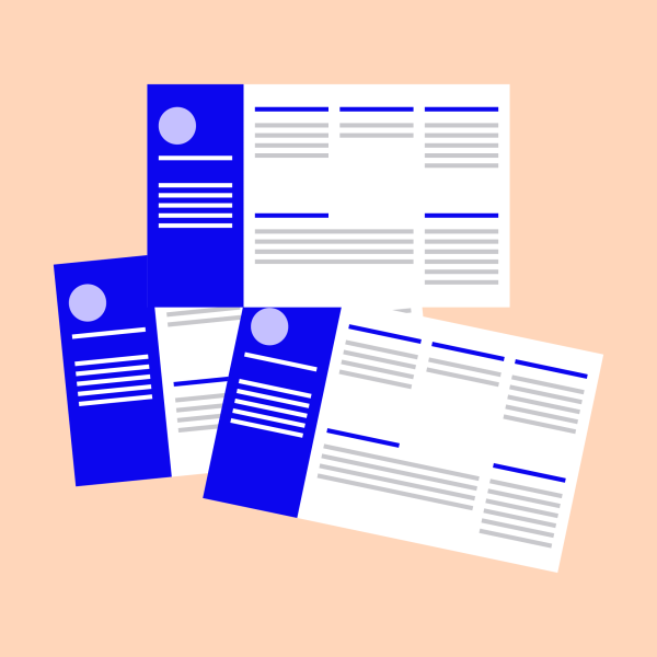 Four illustrated CVs with blue sidebars and profile icons are arranged in a scattered stack on a light peach background. Each CV features text lines and section headers, representing job application documents.