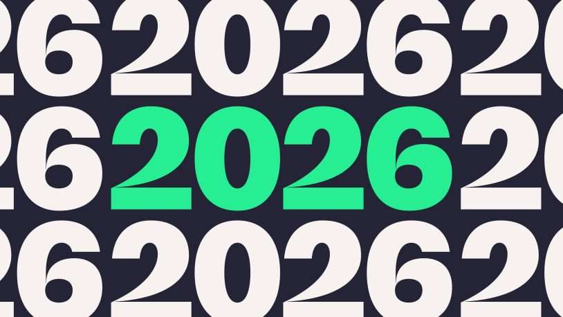 Large white 2026 numbers repeat in a pattern on a dark background, with one central 2026 highlighted in bright green.