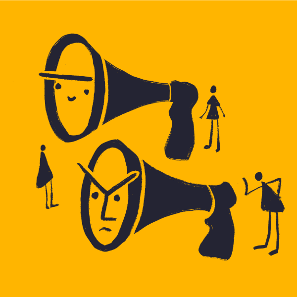 Two large megaphones with faces—one smiling, one frowning—are surrounded by small stick-figure people on a bright yellow background.