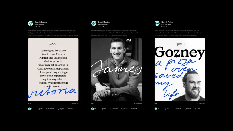 Three social media posts on a black background show: a quotation by Vittoria, a black-and-white photo of a smiling man labelled James, and text with blue handwriting: Gozney: a pizza oven saved my life.