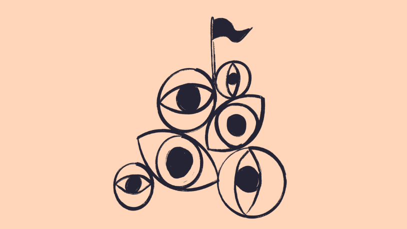 Abstract illustration of seven large outlined eye shapes stacked to form a pyramid, with a flag on top. The eyes are black on a pale peach background, giving a surreal and artistic appearance.