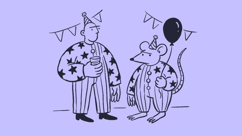 A person and a mouse, both wearing party hats and star-patterned pyjamas, stand together at a party. The mouse holds a black balloon; there are banners hanging in the background. The image uses a purple colour scheme.