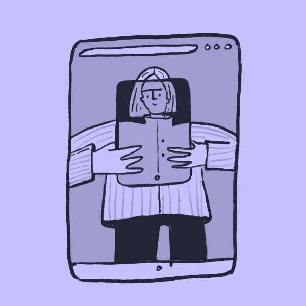 A hand-drawn illustration of a person holding a document, viewed through the frame of a digital tablet screen. The background is light purple, and the drawing uses simple, dark lines.