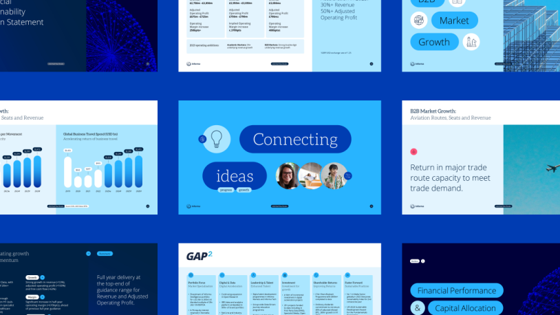 A grid of nine blue-themed presentation slides featuring graphs, charts, icons, text, and images related to market growth, financial performance, and business analysis. Informa branding