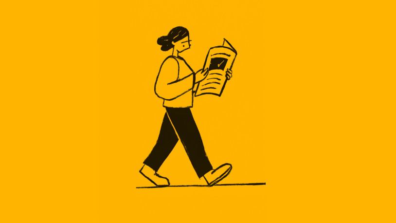 A simple illustration of a person with dark hair in a bun, wearing a light shirt and dark trousers, walking whilst reading guidelines against a solid yellow background.