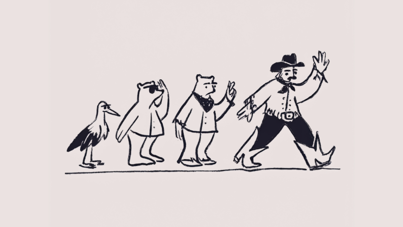 A line drawing of four figures walking in single file: a bird, two bears in suits, and a person in cowboy attire leading the group, all raising one hand as they walk.