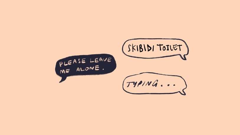 Three chat bubbles on a peach background capture the vibe of generational shift branding: one says PLEASE LEAVE ME ALONE., another says SKIBIDI TOILET, and the third simply says TYPING....