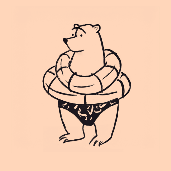 A cartoon bear wearing patterned swimming trunks and three stacked swimming rings stands upright, looking to the side—ready for an internal brand launch adventure. The background is a solid light peach colour. B2B brand distinctiveness illustration