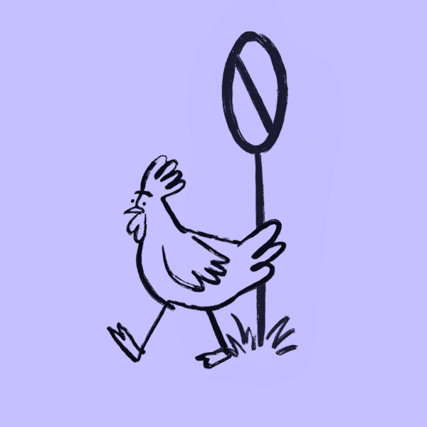 A simple line drawing of a chicken confidently walking past a sign with a diagonal line, which typically indicates prohibition, on a purple background.