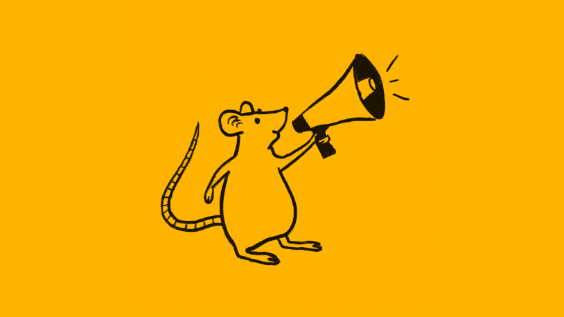 A simple illustration of a cartoon rat holding a megaphone, standing upright on two legs against a solid yellow background—perfect for capturing attention during B2B rebranding campaigns.