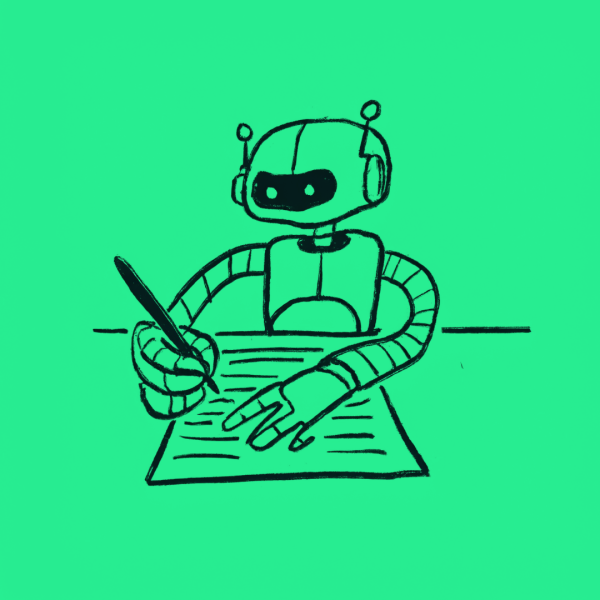 A robot with aerials sits at a table, holding a pen and writing on a sheet of paper, as if preparing notes for an internal brand launch, against a green background.